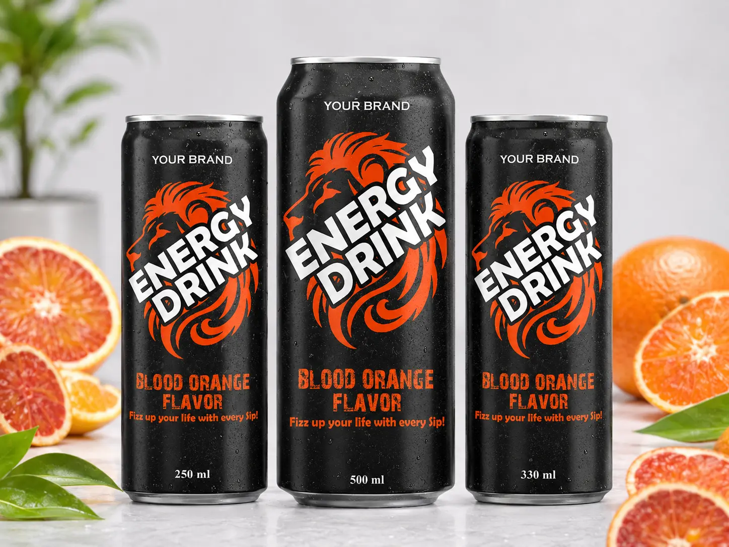 ENERGY DRINK Blood Orange Flavor 250ml, 500ml and 330ml cans.